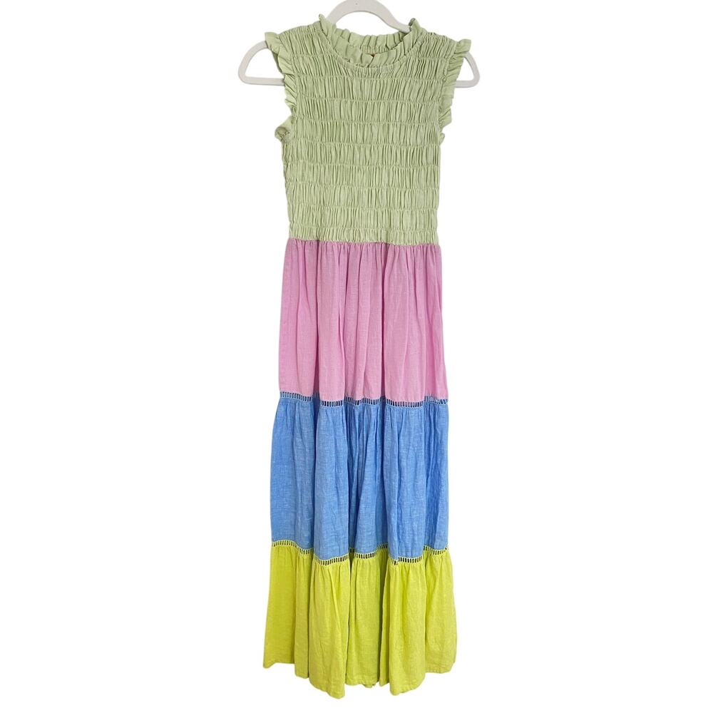 OLIPHANT Tuckernuck Smocked Sleeveless Maxi Dress Pastel Colorblock Linen XS
